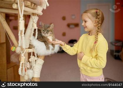 Happy smiling little girl child feeding cat in animal shelter. Care of pets and charity home concept. Happy smiling little girl child feeding cat in animal shelter
