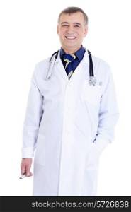 happy smiling male doctor with stethoscope and in white hosital gown