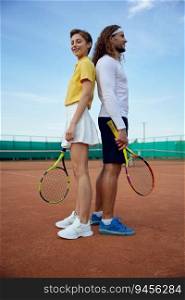 Happy smiling man and woman tennis player standing back to back on open air sports court full length portrait. Happy smiling man and woman tennis player full length portrait