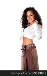 Happy smiling sexy beautiful Caucasian Hispanic Latina young woman with brown curley hair. Cute tanned brunette, ethnic girl in white knotted shirt and brown skirt dancing showing belly button, isolated.