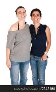 happy smiling sisters portrait in their 30s, isolated on white background