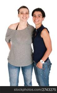 happy smiling sisters portrait in their 30s, isolated on white background