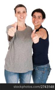 happy smiling sisters showing thumbs up sign, isolated on white background