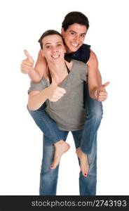 happy smiling sisters showing thumbs up sign while playing together piggyback, isolated on white background