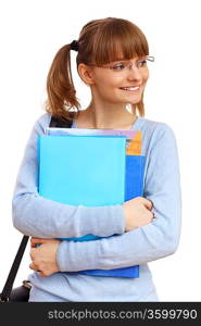 Happy smiling student standing and holding books