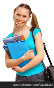 Happy smiling student standing and holding books