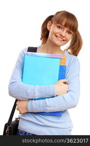 Happy smiling student standing and holding books