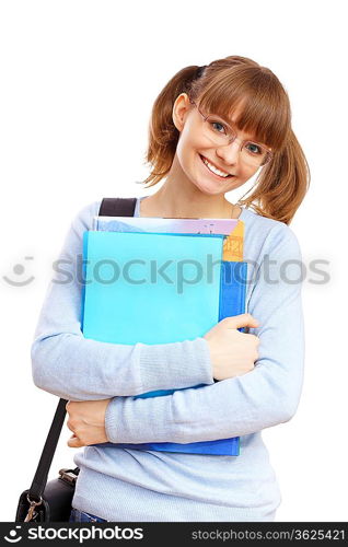 Happy smiling student standing and holding books