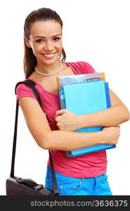 Happy smiling student standing and holding books