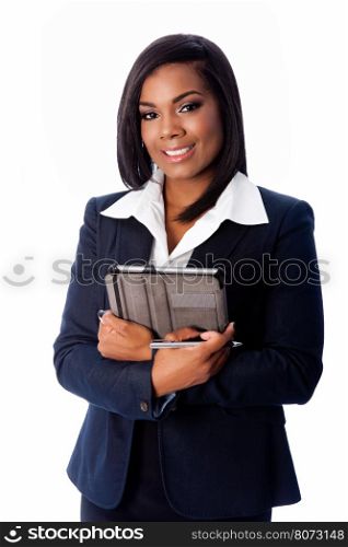 Happy smiling successful business woman standing with tablet and pen in arms, on white.