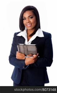 Happy smiling successful business woman standing with tablet and pen in arms, on white.