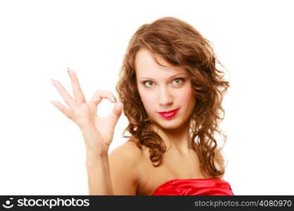 Happy smiling woman curly hair showing ok sign gesture isolated on white background