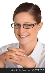 Happy smiling woman in distinct eyeglasses