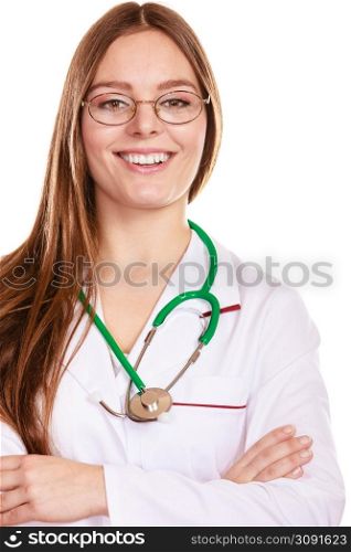 Happy smiling woman medical doctor with stethoscope wearing white coat. Professional health care assistance. Isolated on white background.