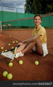 Happy smiling woman tennis player with racket sitting on court among scattered balls. Cute woman relaxing after game training. Happy smiling woman tennis player sitting on court among scattered balls