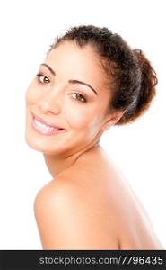 Happy smiling woman with pimple acne free healthy skin showing shoulder and back, skincare concept, isolated.
