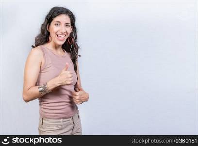 Happy smiling woman with thumbs up doing ok. Happy girl with thumbs up on isolated background, Smiling woman showing ok gesture isolated
