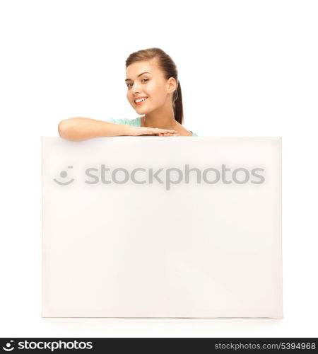 happy smiling woman with white blank board