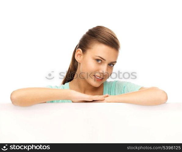 happy smiling woman with white blank board