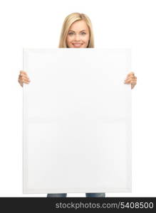 happy smiling woman with white blank board