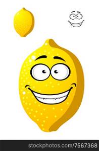 Happy smiling yellow cartoon lemon fruit with a wide toothy grin plus a second variation with no face for agriculture or food industry design