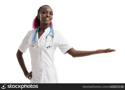 Happy smiling young beautiful female doctor showing blank area promoting sign or copyspace, isolated over white background