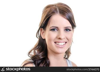 Happy Smiling Young Brunette Woman with Blue Eyes Closeup Portrait