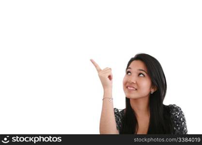 happy smiling young business woman showing blank area for sign or copyspase, isolated on white background