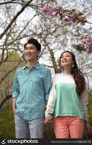 Happy smiling young couple holding hands in the park in springtime, three quarter length