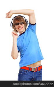 Happy smiling young man dancing and listening to music