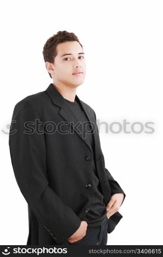 Happy smiling young man standing isolated on white background