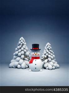 happy snowman with fir-tree, 3d rendering