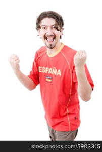 happy spanish man supporter, isolated on white