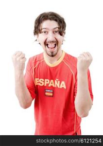 happy spanish man supporter, isolated on white