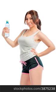 happy sportswoman with a bottle of pure water