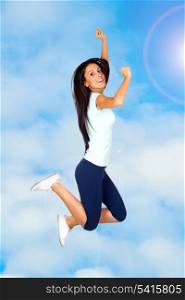 Happy Sporty Girl Flying with clouds background