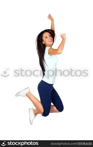 Happy Sporty Girl Jumping Isolated on White