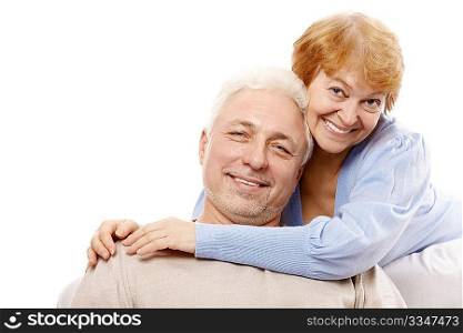 Happy spouses of advanced age on a white background
