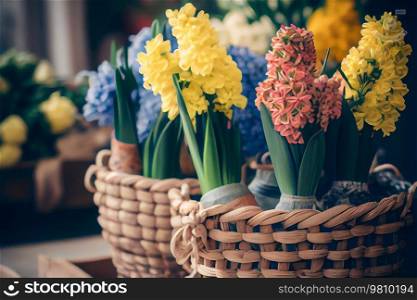 Happy spring mood baskets of floral. Illustration AI Generative 