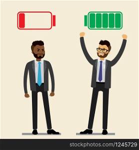 Happy strong caucasian Businessman with green full battery and african american sad businessman with red low battery,flat vector illustration