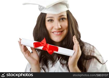 Happy student celebrating graduation on white