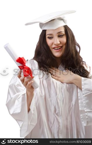 Happy student celebrating graduation on white