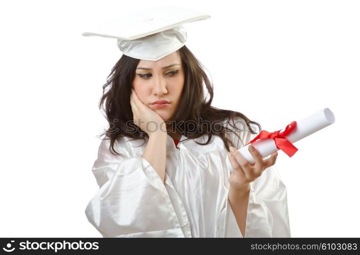 Happy student celebrating graduation on white