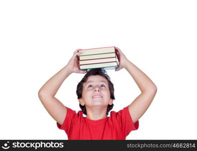 Happy student child with books on the head isolated on a white background