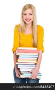 Happy student girl holding pile of books
