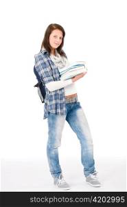 Happy student girl teenager with schoolbag holding books on white