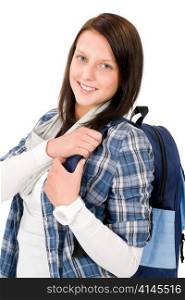 Happy student girl teenager with schoolbag on white