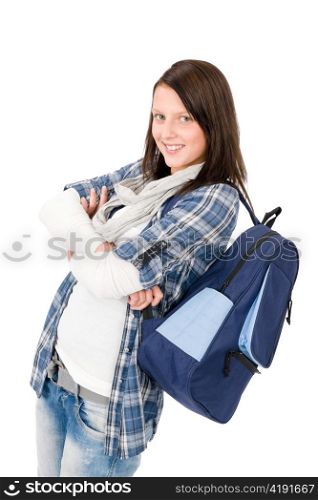 Happy student girl teenager with schoolbag on white