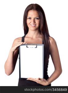 Happy student girl with blank clipboard isolated on a over white background
