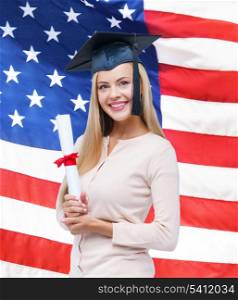 happy student in graduation cap with certificate over american flag